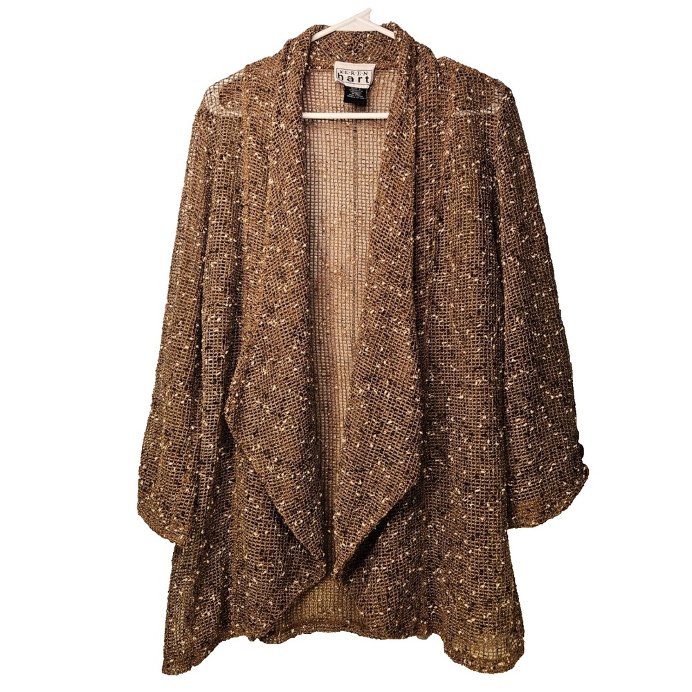Womens Brown Open-Front‎ Mesh-Fishnet Lagenlook Cardigan L Artsy Coastal Grunge
